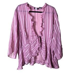 Vintage Studio 1940 Woman's Pink Tie Front Sheer Ruffle V-Neck Blouse Size 26/28